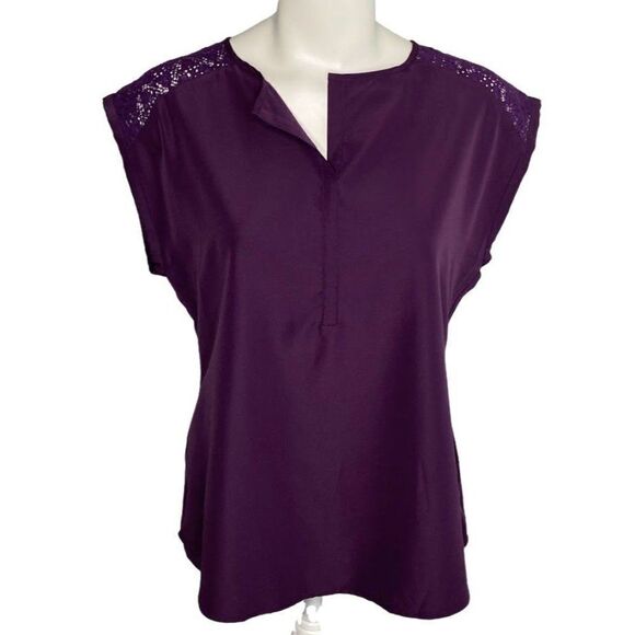 Womens Van Heusen Purple Grape‎ Dolman Sleeve Lace Back Mixed Media Top sz Small - Picture 1 of 7